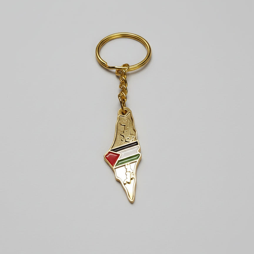 Palestine Flag Through Map with Text Keyring