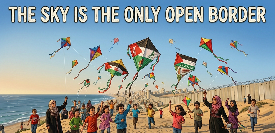 palestinian children flying kites between the beach and border. ai generated image