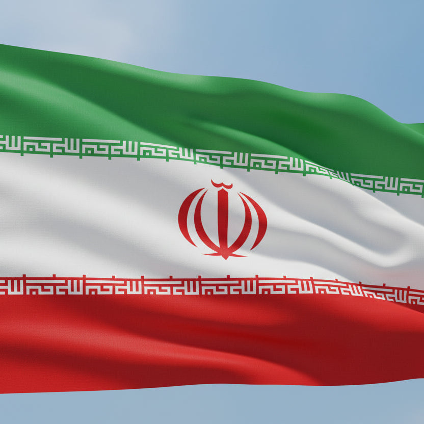 Flag of Iran with green, white, and red colors and a central emblem.