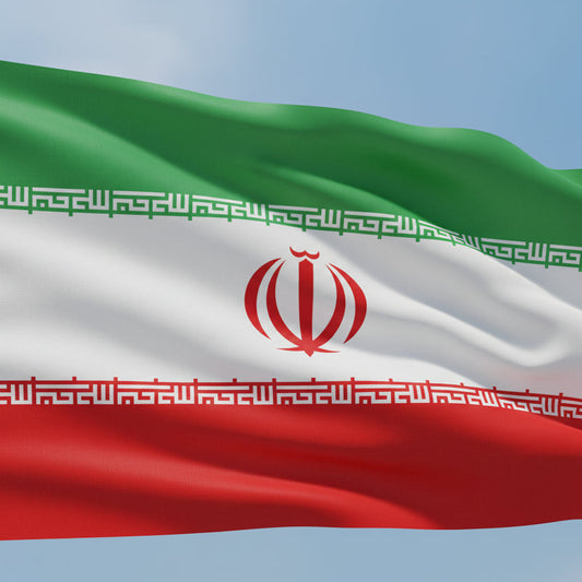Flag of Iran with green, white, and red colors and a central emblem.
