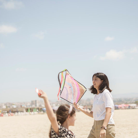 Two people on a beach with a colorful kite