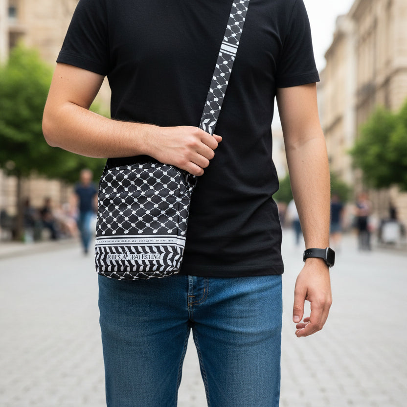 Black and white patterned crossbody bag on a gray surface