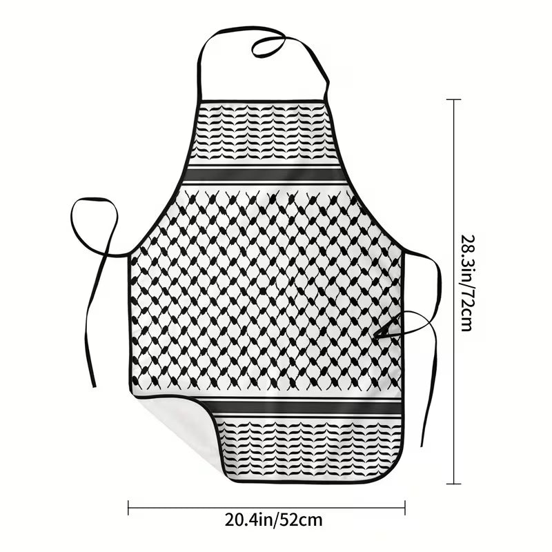 Black and white patterned apron with measurements on a white background